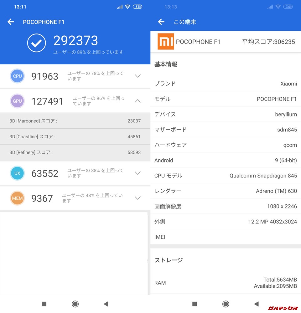 Xiaomi Poco F1/RAM6GB実機AnTuTuベンチマークスコアは総合が292373点、3D性能が127491点。