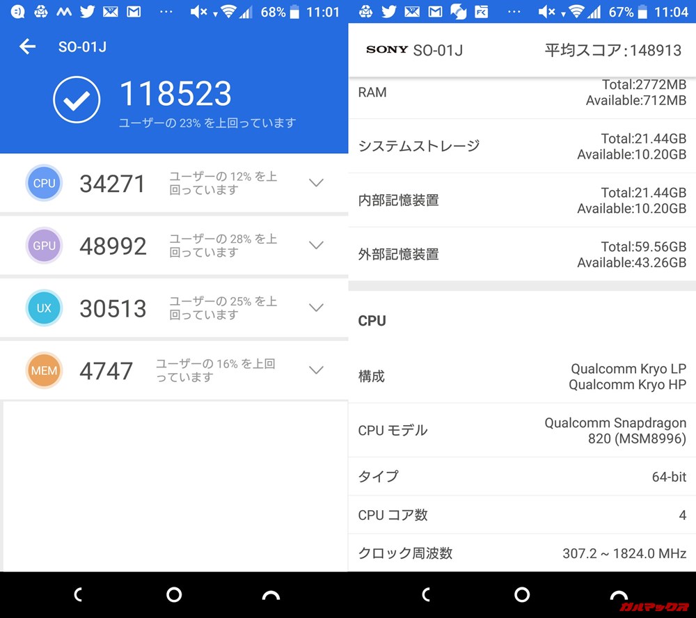 Xperia XZ（Android 8）実機AnTuTuベンチマークスコアは総合が118523点、3D性能が48992点。