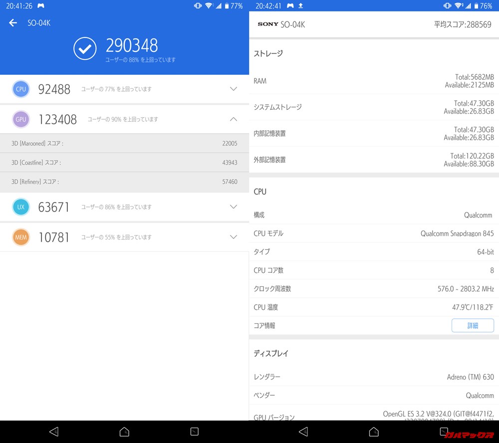 Xperia XZ2 Premium（Android 9）実機AnTuTuベンチマークスコアは総合が290348点、3D性能が123408点。