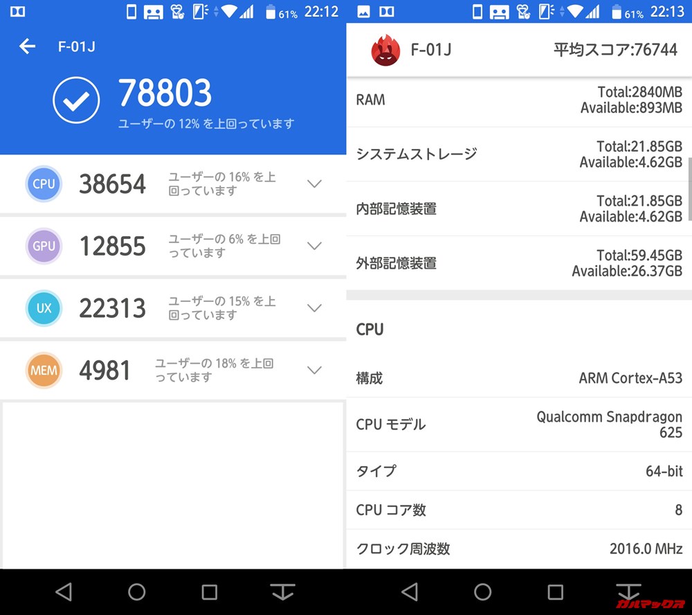 arrows NX F-01J（Android 8.1）実機AnTuTuベンチマークスコアは総合が78803点、3D性能が12855点。