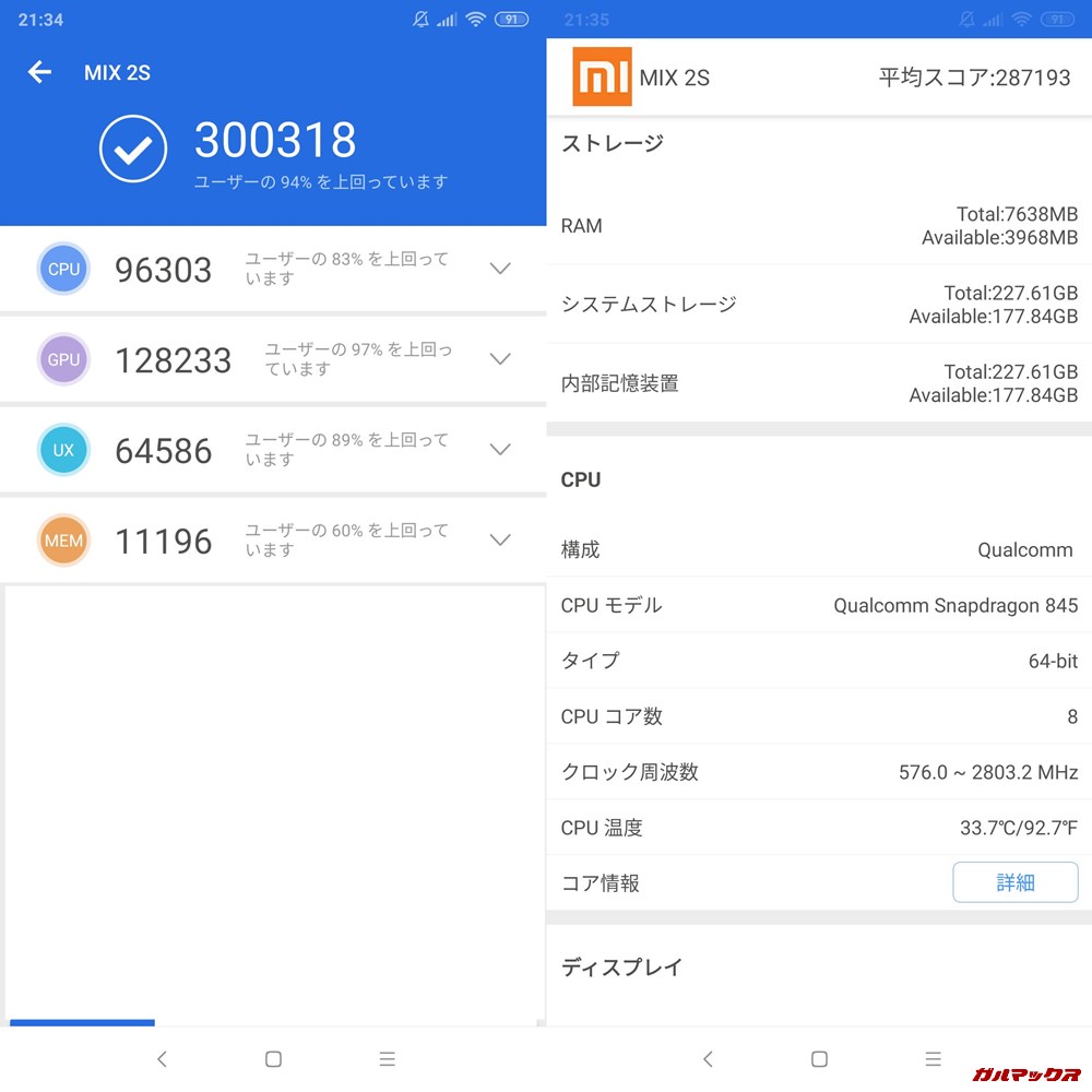 Xiaomi Mi MIX 2S実機AnTuTuベンチマークスコアは総合が300318点、3D性能が128233点。