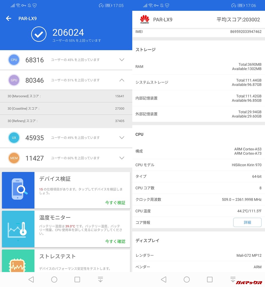 Huawei nova 3（Android 9）実機AnTuTuベンチマークスコアは総合が206024点、3D性能が80346点。