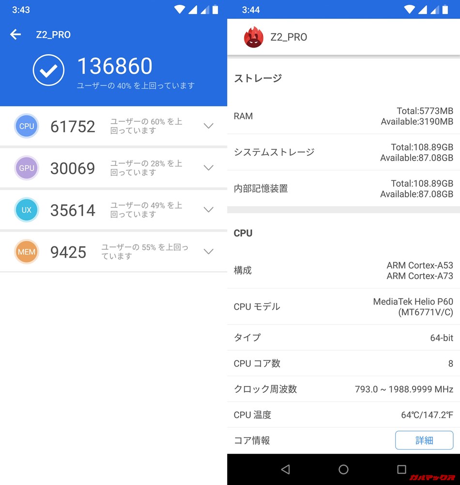 UMIDIGI Z2 Pro（Android 8.1）実機AnTuTuベンチマークスコアは総合が136860点、3D性能が30069点。