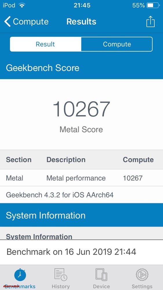 iPod touch（第7世代）の実機Geekbench 4スコアはMetalスコアが10267点