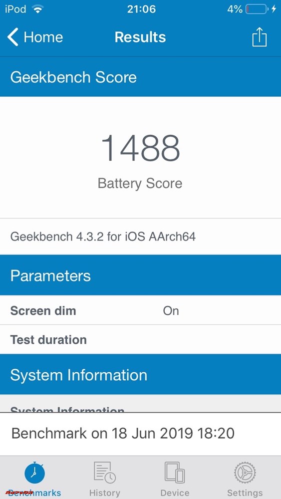 Geekbench 4のバッテリーベンチマークスコアは1488点