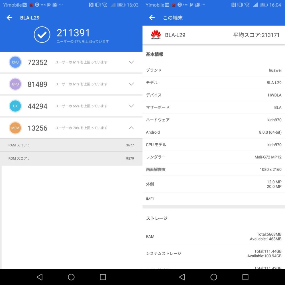 Huawei Mate10 Pro（Android 8.0）実機AnTuTuベンチマークスコアは総合が211391点、3D性能が81489点。