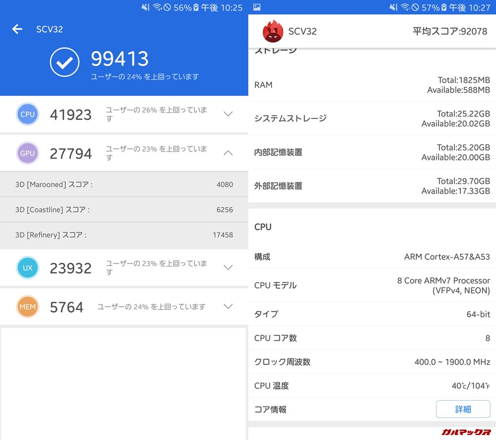 Galaxy A8（Android 7）実機AnTuTuベンチマークスコアは総合が99413点、3D性能が27794点。