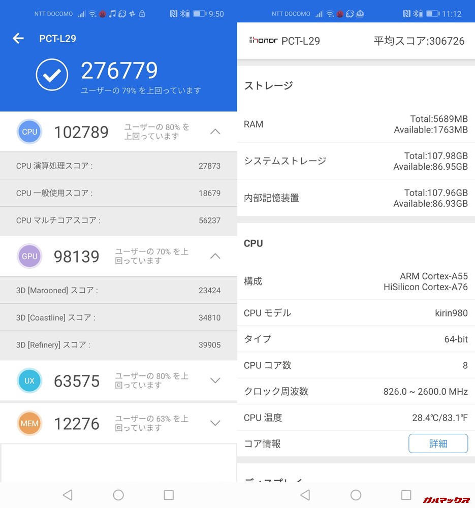 Huawei view 20（Android 9）実機AnTuTuベンチマークスコアは総合が276779点、3D性能が98139点。