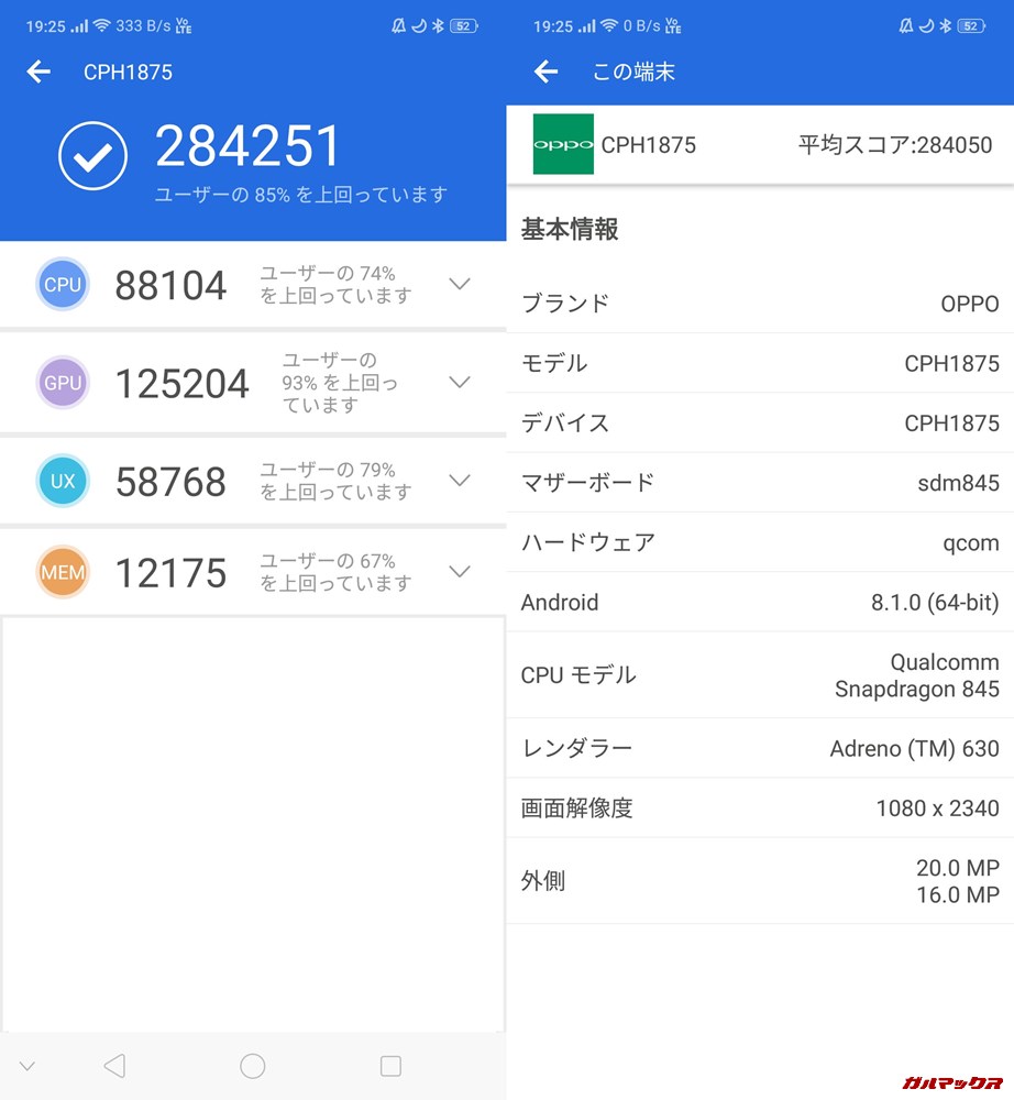 oppo Find X（Android 8.1）実機AnTuTuベンチマークスコアは総合が284251点、3D性能が125204点。