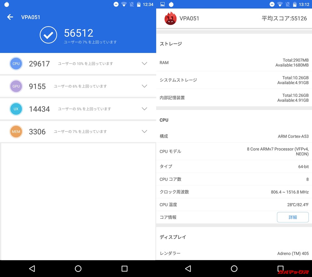 VAIO Phone A（Android 6.0.1）実機AnTuTuベンチマークスコアは総合が56512点、3D性能が9155点。