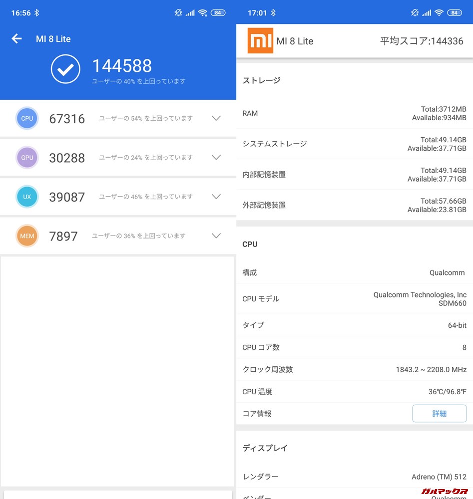 Xiaomi mi 8 Lite（Android 8.1）実機AnTuTuベンチマークスコアは総合が144588点、3D性能が30288点。