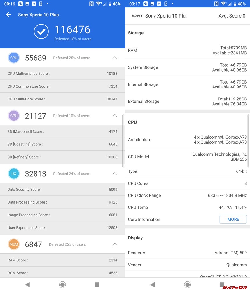 Xperia 10 plus（Android 9）実機AnTuTuベンチマークスコアは総合が116476点、3D性能が21127点。