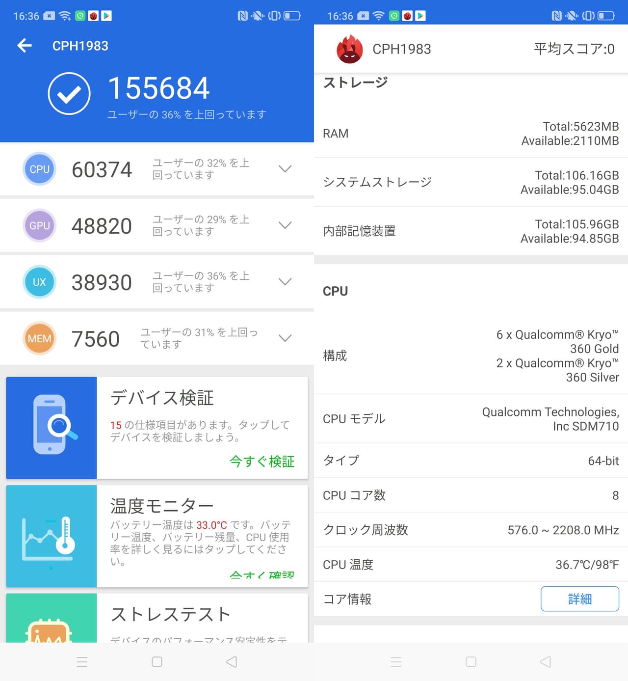 OPPO reno A（Android 9）実機AnTuTuベンチマークスコアは総合が155684点、3D性能が48820点。