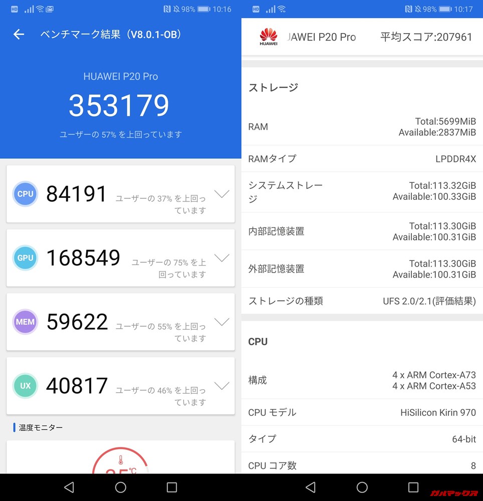 HUAWEI Mate 20 Pro（Android 9）実機AnTuTuベンチマークスコアは総合が353179点、3D性能が168549点。