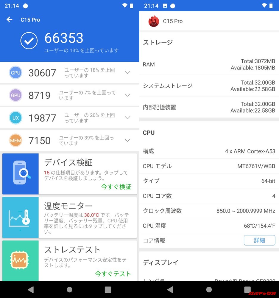 OUKITEL C15 Pro（Android 9）実機AnTuTuベンチマークスコアは総合が66353点、3D性能が8719点。