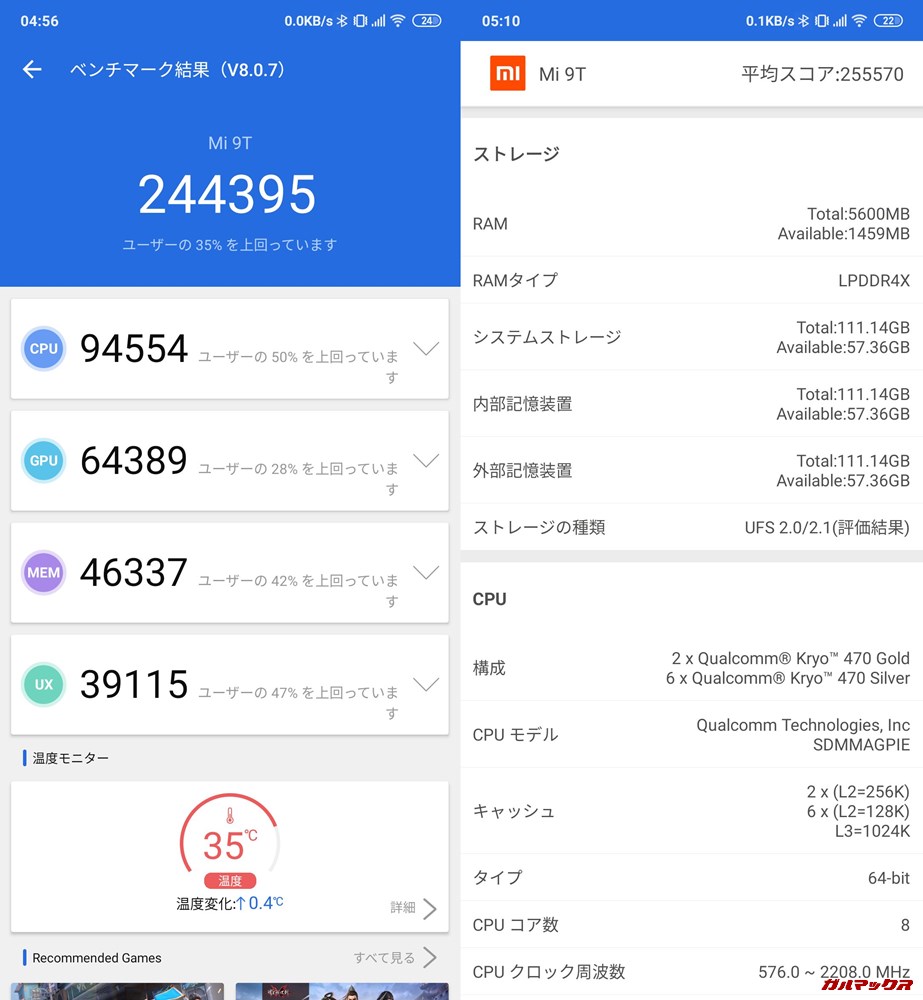 Xiaomi Mi 9T（Android 9）実機AnTuTuベンチマークスコアは総合が244395点、3D性能が64389点。