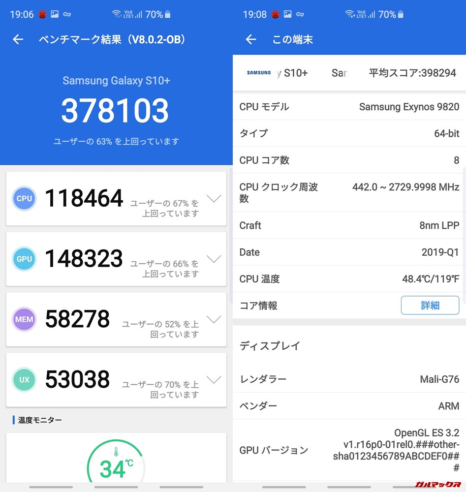 Galaxy S10+（Android 9）実機AnTuTuベンチマークスコアは総合が378103点、3D性能が148323点。