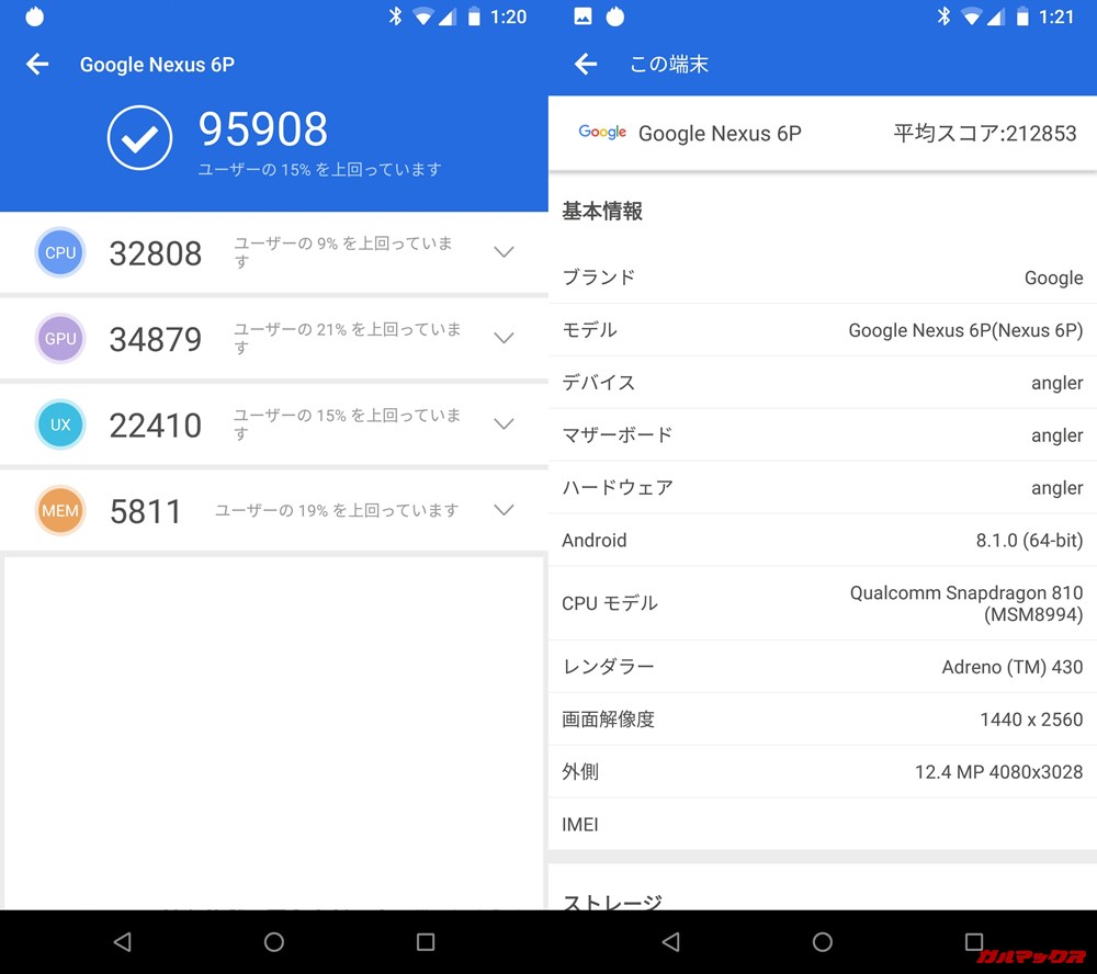 Nexus 6P（Android 9）実機AnTuTuベンチマークスコアは総合が95908点、3D性能が34879点。