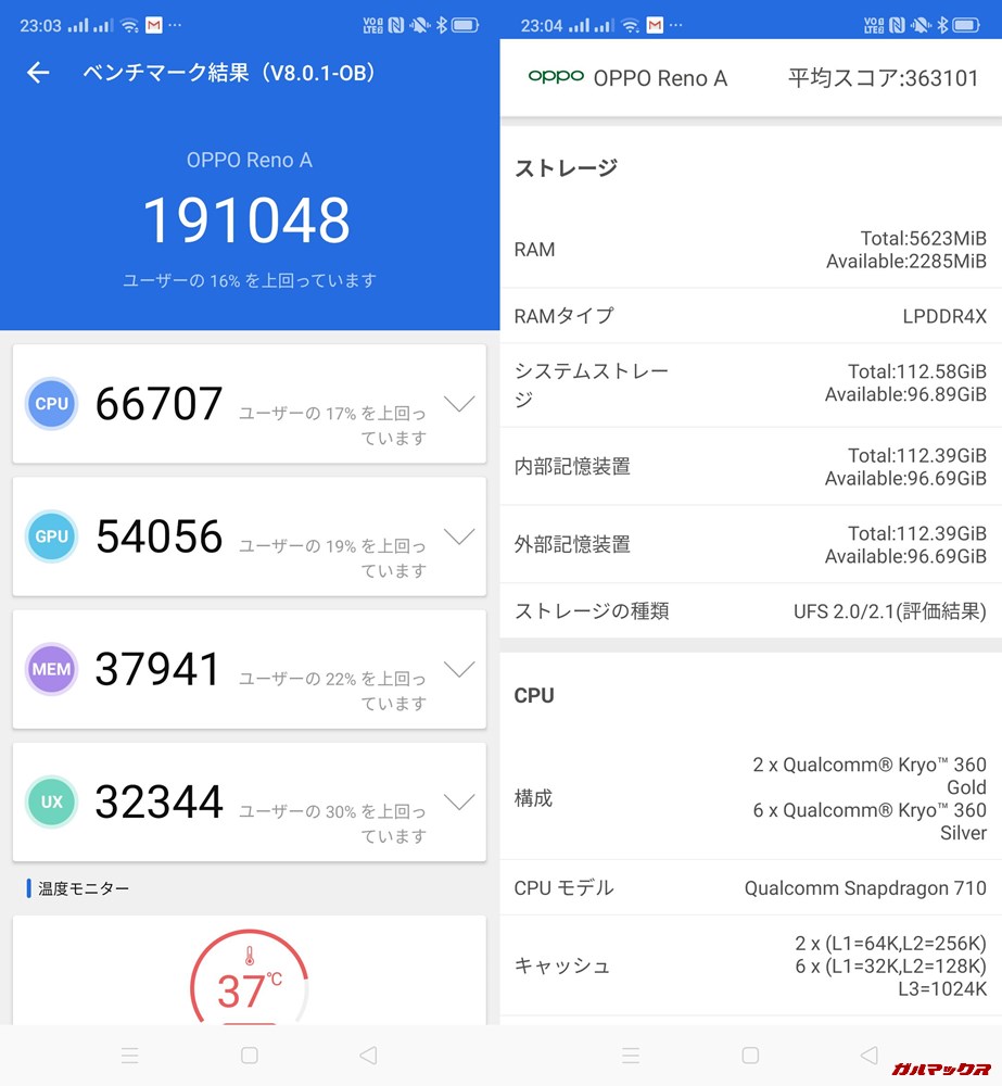 OPPO reno A（Android 9）実機AnTuTuベンチマークスコアは総合が191048点、3D性能が54056点。