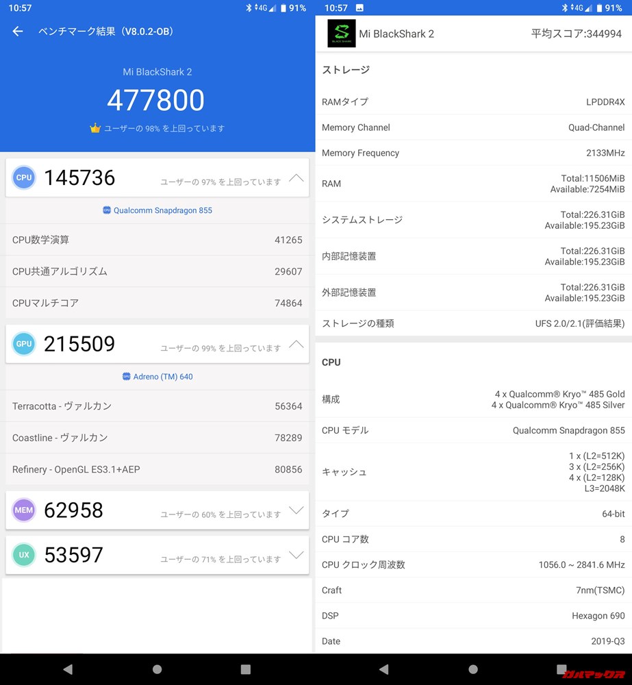 Xiaomi Black Shark 2/メモリ12GB版（Android 9）実機AnTuTuベンチマークスコアは総合が477800点、3D性能が215509点。