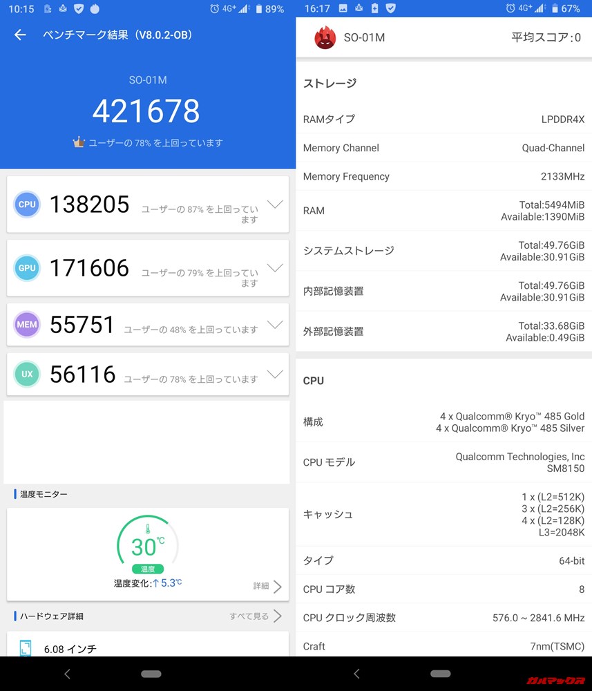 Xperia 5（Android 9）実機AnTuTuベンチマークスコアは総合が421678点、3D性能が171606点。