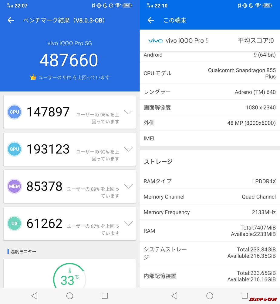 iQOO pro 5G（Android 9）実機AnTuTuベンチマークスコアは総合が487660点、3D性能が193123点。