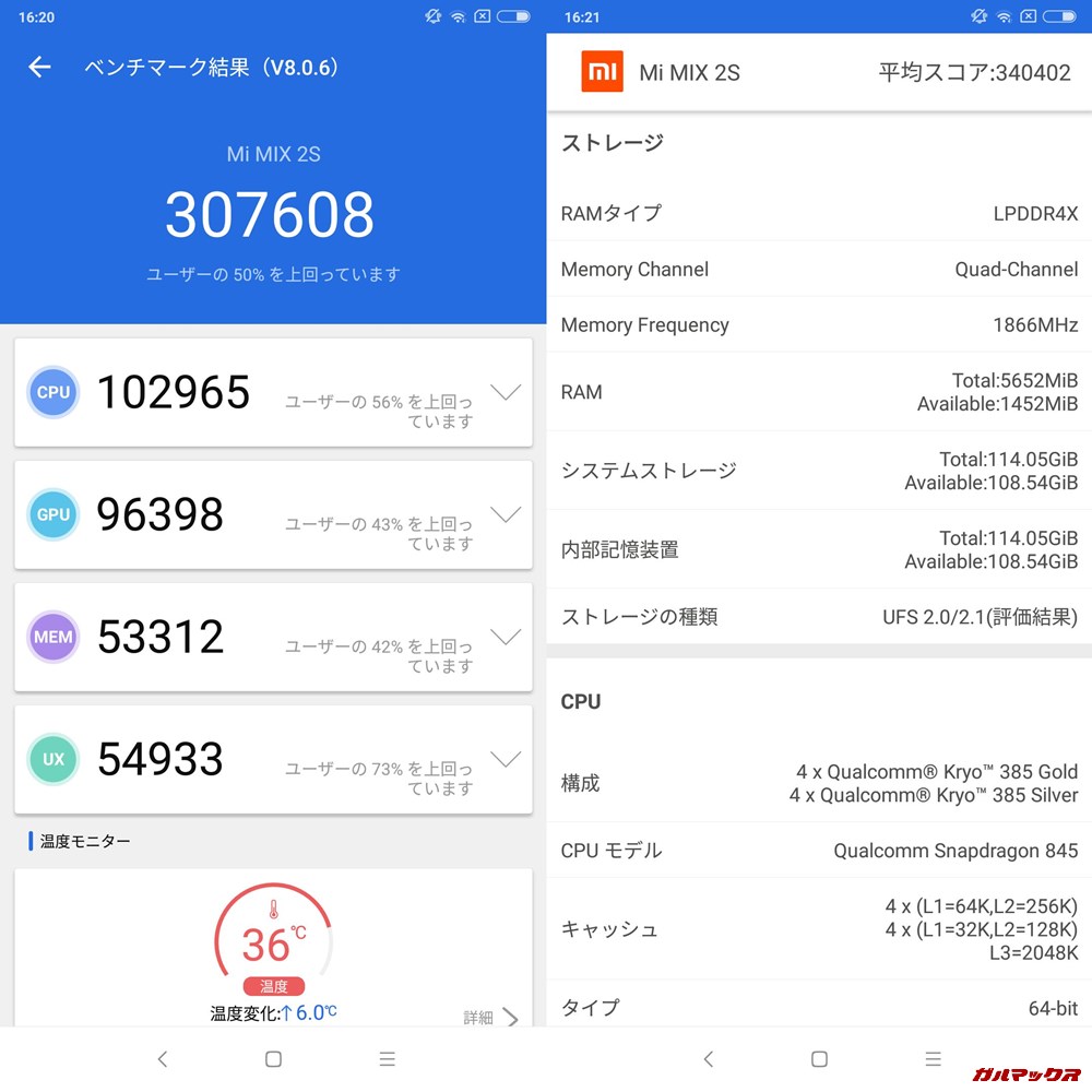Xiaomi mi mix2s（Android 9）実機AnTuTuベンチマークスコアは総合が307608点、3D性能が96398点。