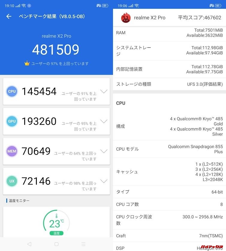Realme X2 Pro（Android 9）実機AnTuTuベンチマークスコアは総合が481509点、3D性能が193260点。