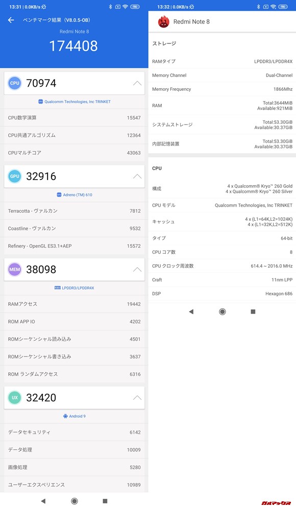 Redmi Note 8（Android 9）実機AnTuTuベンチマークスコアは総合が174408点、3D性能が32916点。