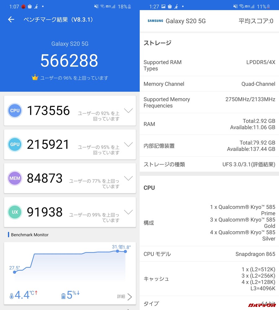 GALAXY S20 5G（Android 10）実機AnTuTuベンチマークスコアは総合が566288点、3D性能が215921点。