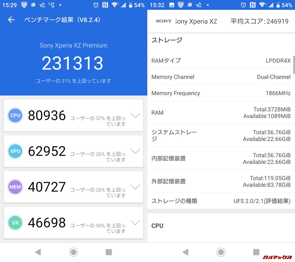 Xperia XZ Premium（Android 9）実機AnTuTuベンチマークスコアは総合が231313点、3D性能が62952点。