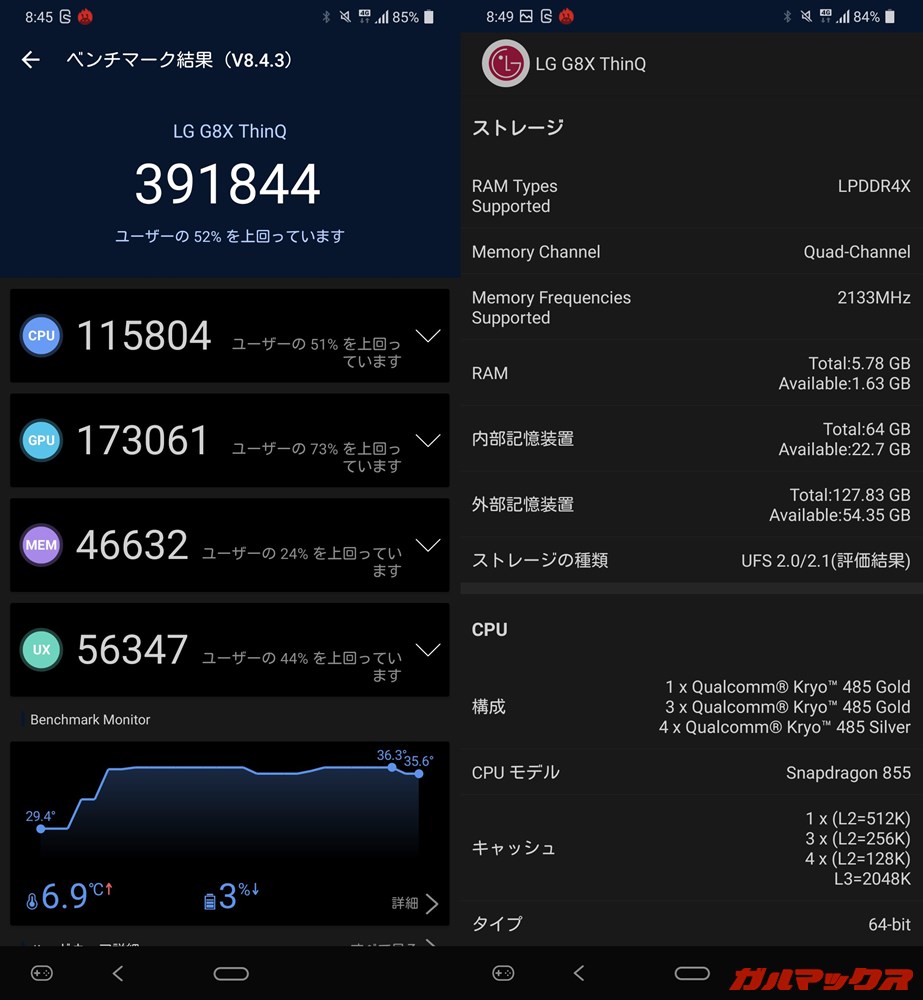 LG G8X ThinQ（Android 10）実機AnTuTuベンチマークスコアは総合が391844点、GPU性能が173061点。