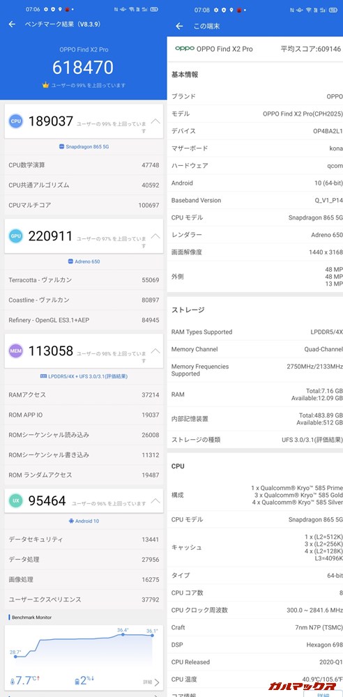 OPPO Find X2 Pro（Android 10）実機AnTuTuベンチマークスコアは総合が618470点、GPU性能が220911点。