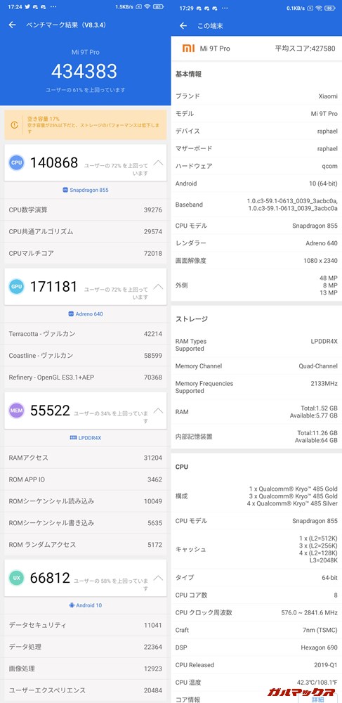 Xiaomi Mi 9T Pro/メモリ6GB（Android 10）実機AnTuTuベンチマークスコアは総合が434383点、GPU性能が171181点。