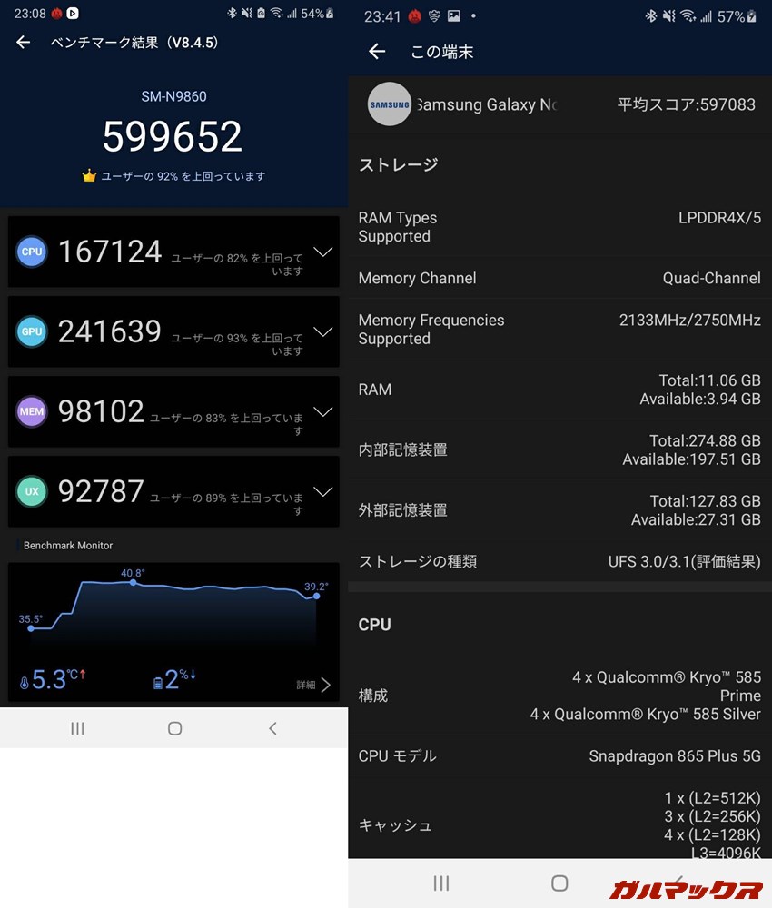 Galaxy Note 20 Ultra/メモリ12GB（Android 10）実機AnTuTuベンチマークスコアは総合が599652点、GPU性能が241639点。