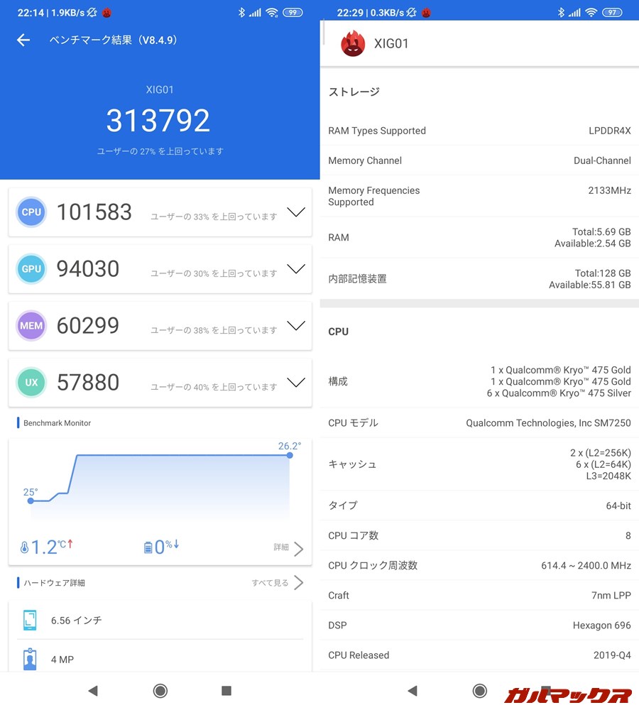 Xiaomi Mi 10 Lite 5G（Android 10）実機AnTuTuベンチマークスコアは総合が313792点、GPU性能が94030点。