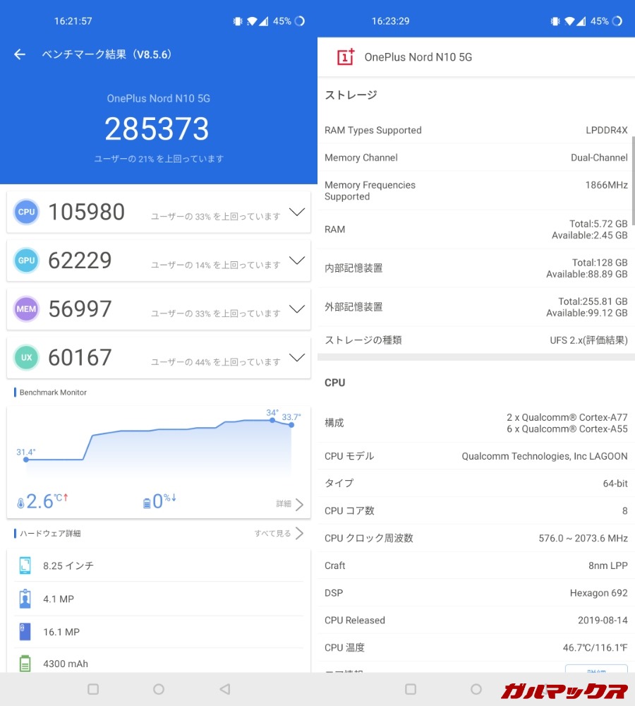 OnePlus Nord N10 5G（Android 10）実機AnTuTuベンチマークスコアは総合が285373点、GPU性能が62229点。