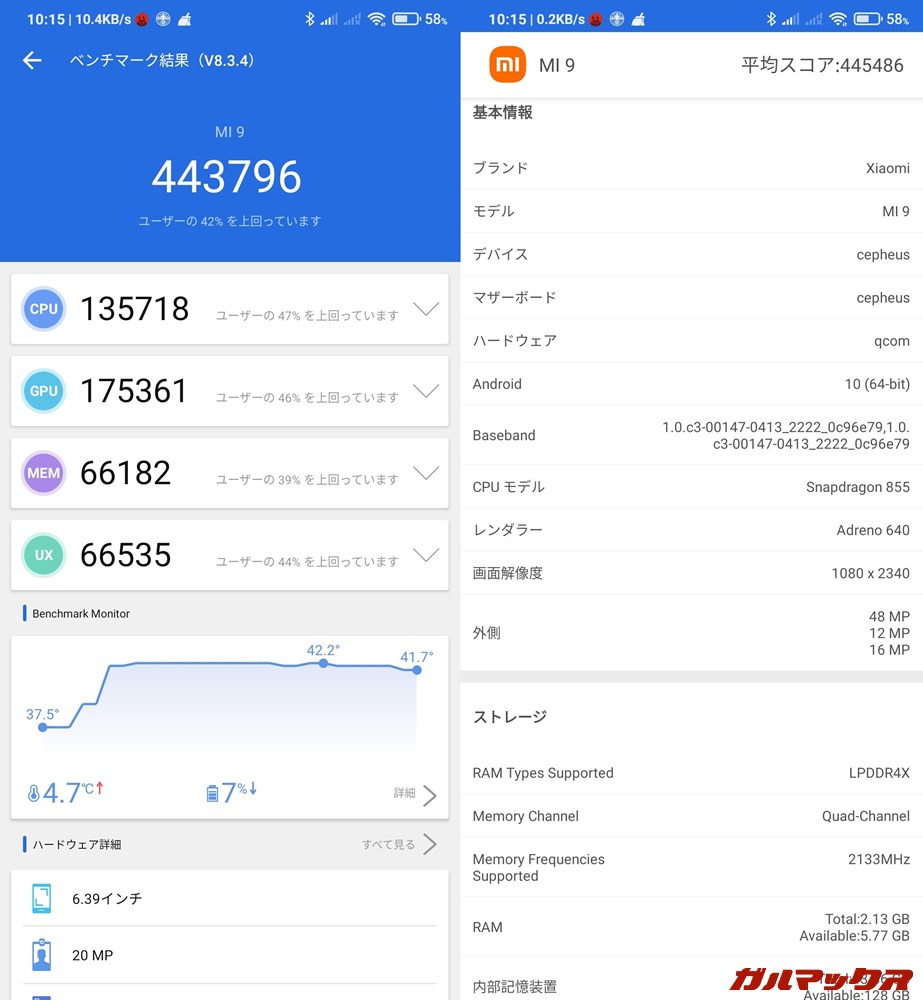 Xiaomi Mi 9/メモリ6GB（Android 10）実機AnTuTuベンチマークスコアは総合が443796点、GPU性能が175361点。