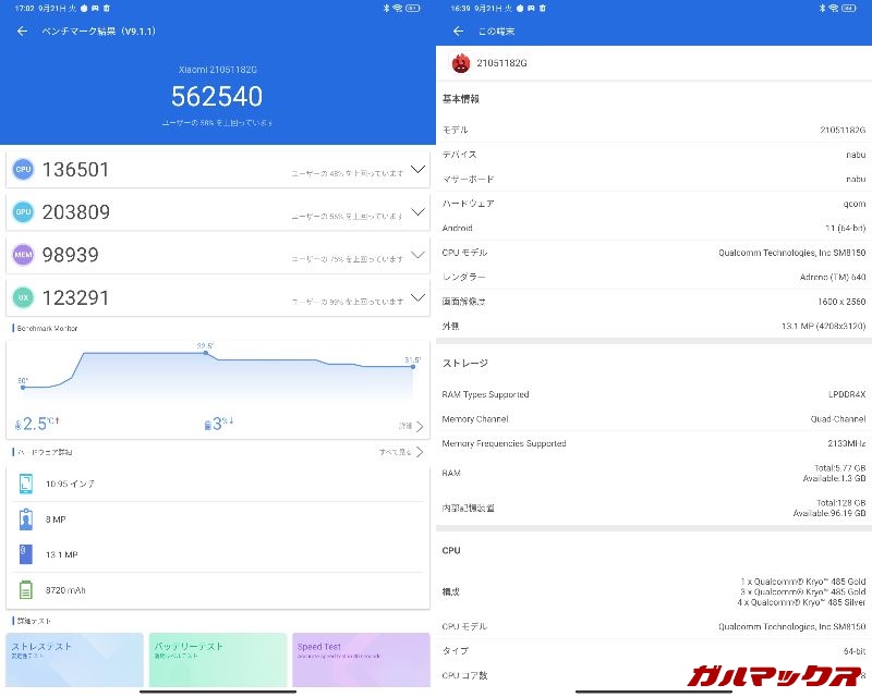 Xiaomi Pad 5（Android 11）実機AnTuTuベンチマークスコアは総合が562540点、GPU性能が203809点。