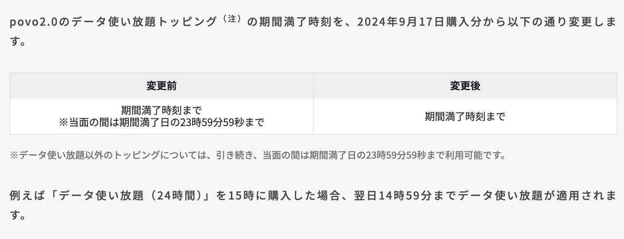 povoのデータ使い放題トッピングの時刻変更