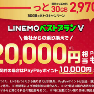 めちゃ得！LINEMOベストプランVへMNPで2万円相当のPayPayポイントが貰えるぞ！