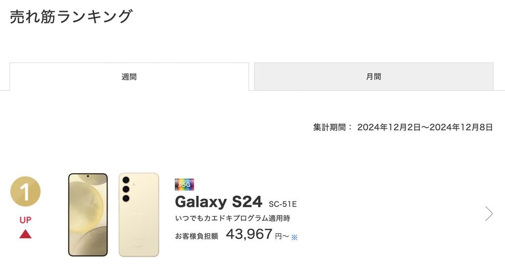 ドコモオンラインショップの売れ筋スマホランキング Galaxy S24 SC-51E