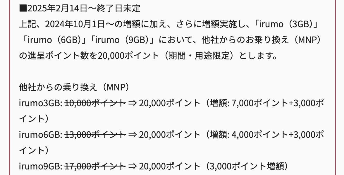 irumo 2万ポイント還元 2月14日から