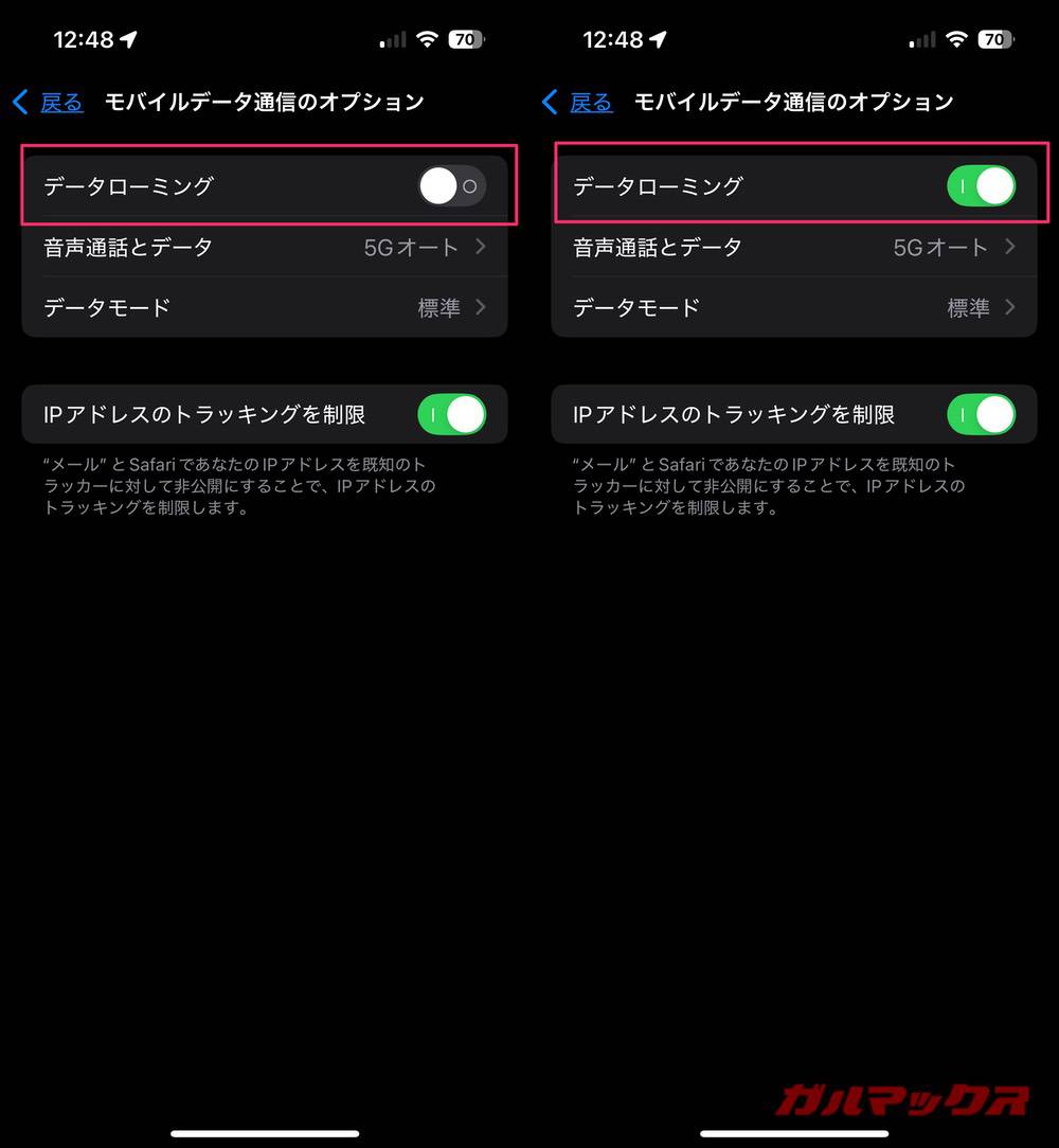 楽天モバイルの国際ローミング データローミングをオンにする