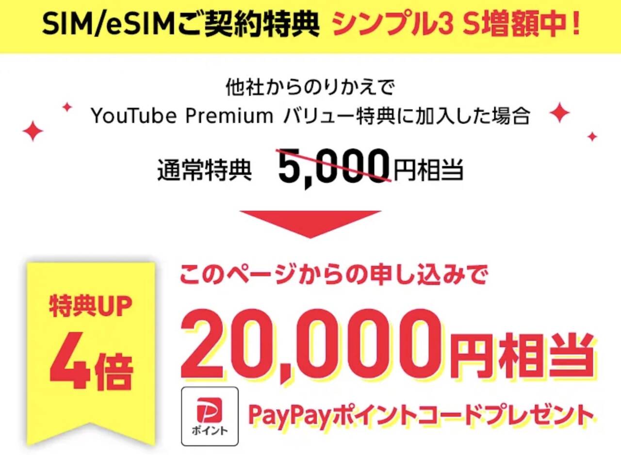 ワイモバイル シンプル3 Sでも2万円分のPayPayポイント還元