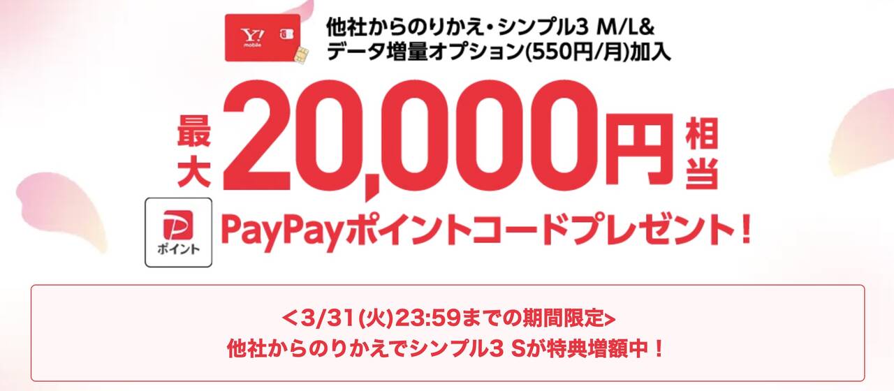 ワイモバイル SIMカード・eSIM申し込みで20,000円相当のPayPayポイントプレゼント