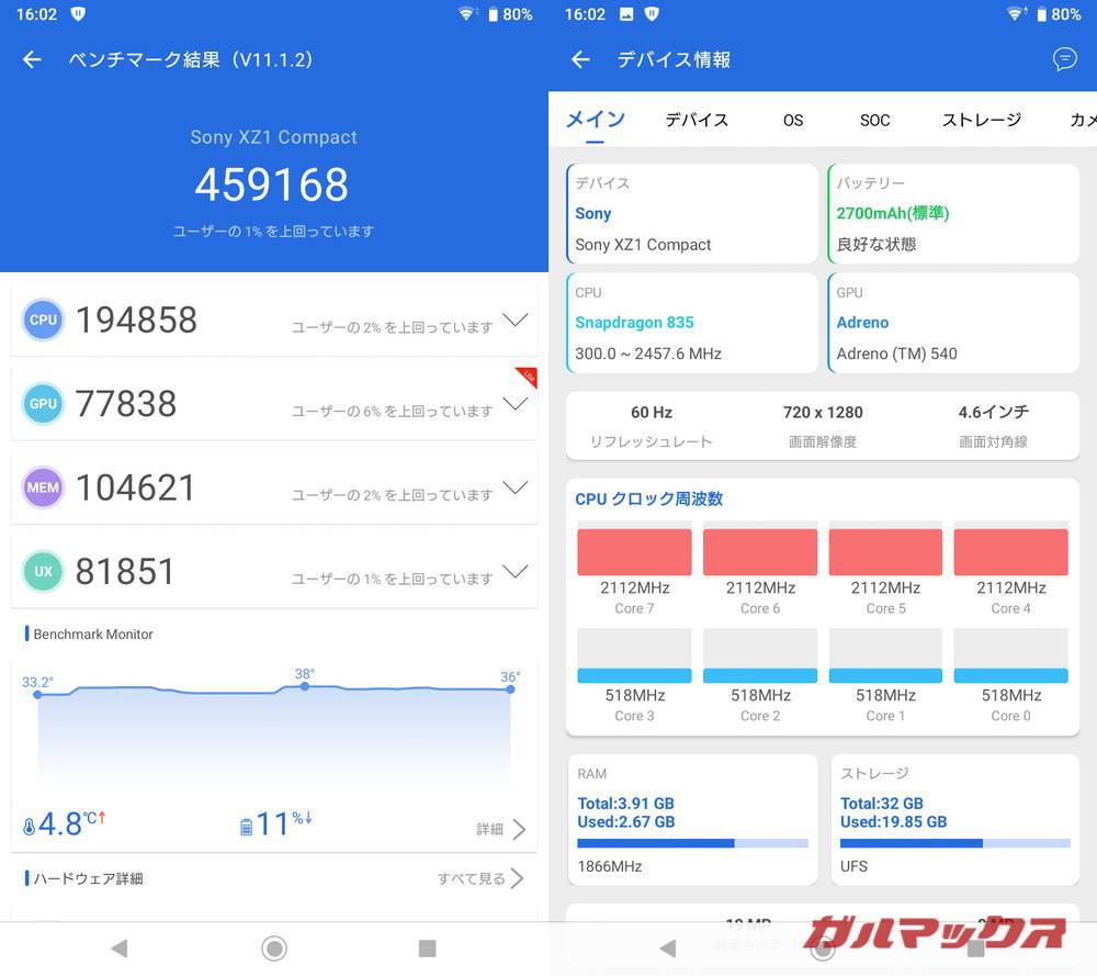 Xperia XZ1 Compact（Snapdragon 835）の実機AnTuTuベンチマークスコア