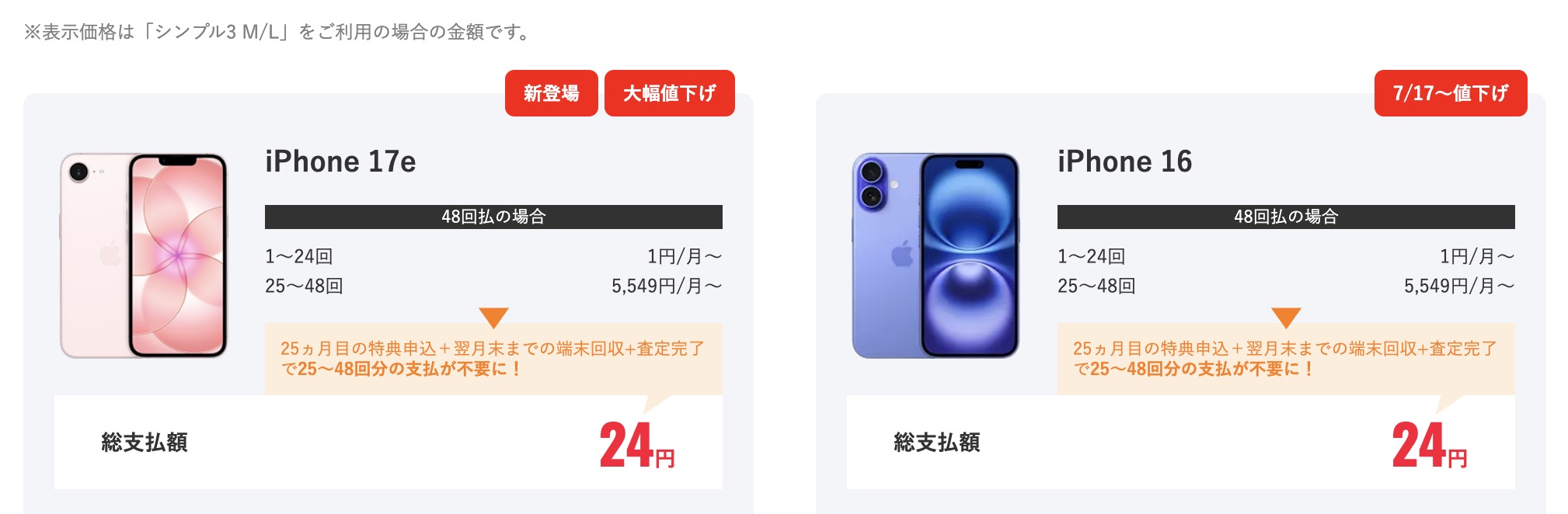 ワイモバイル iPhone 17eとiPhone 16は同じ価格