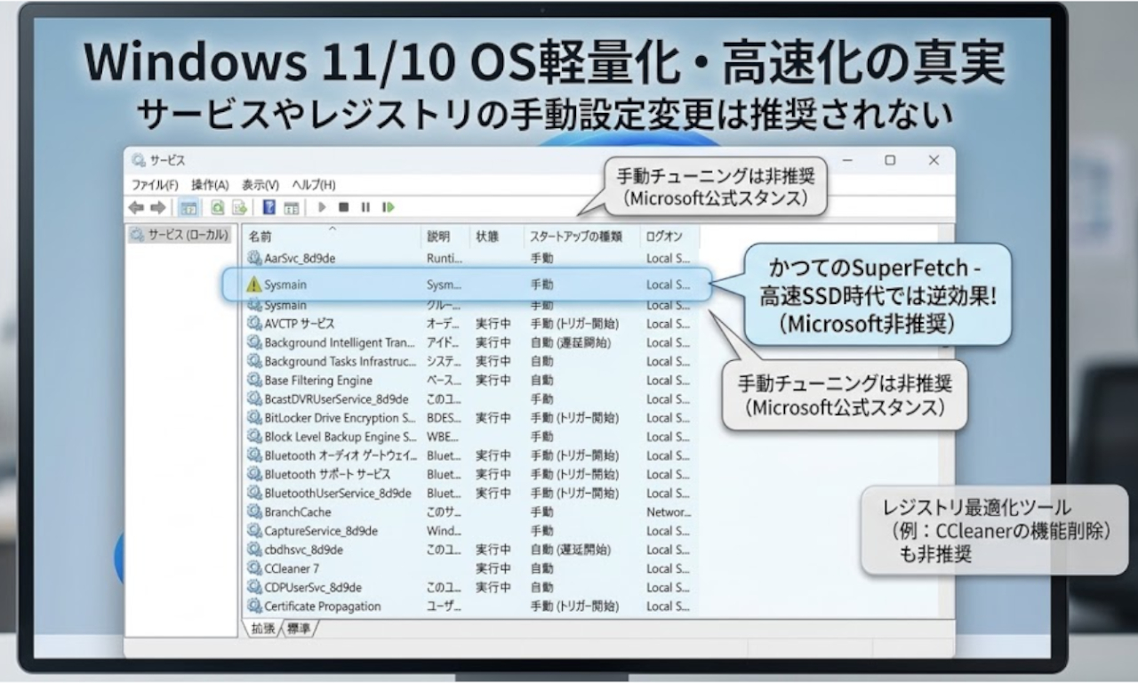 Windows 11ではパフォーマンス向上のためにサービス設定やレジストリを変更する必要はない