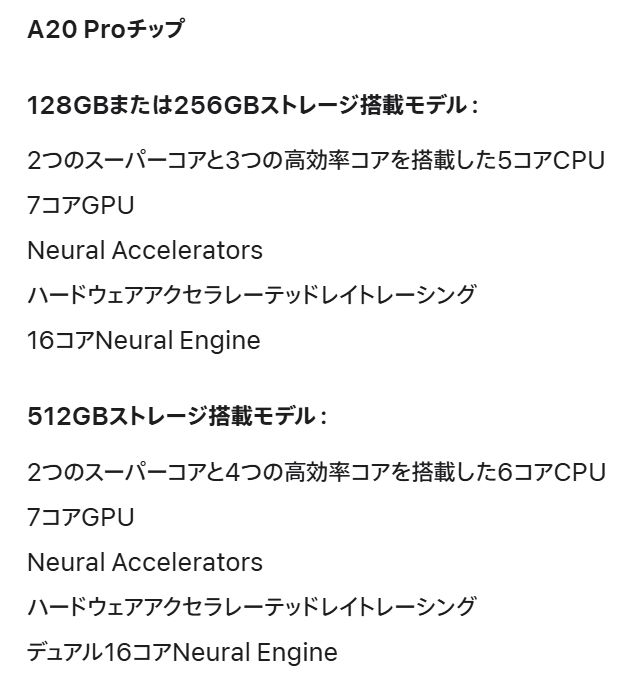 iPad mini（A20 Pro）のストレージ容量別チップ構成の違い